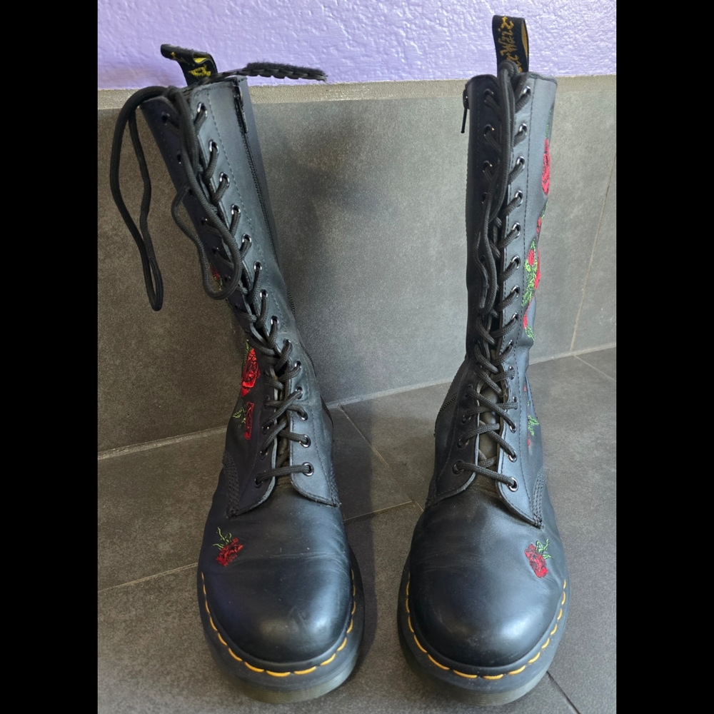 Dr. Martens Black Boots with Red Floral Embroidery